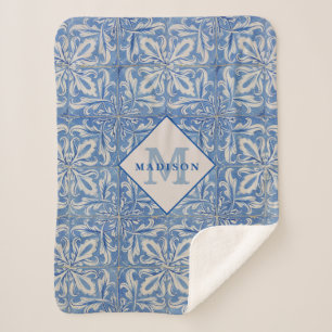 Couverture Sherpa Carreaux portugais Vintage bleu blanc Monogramme