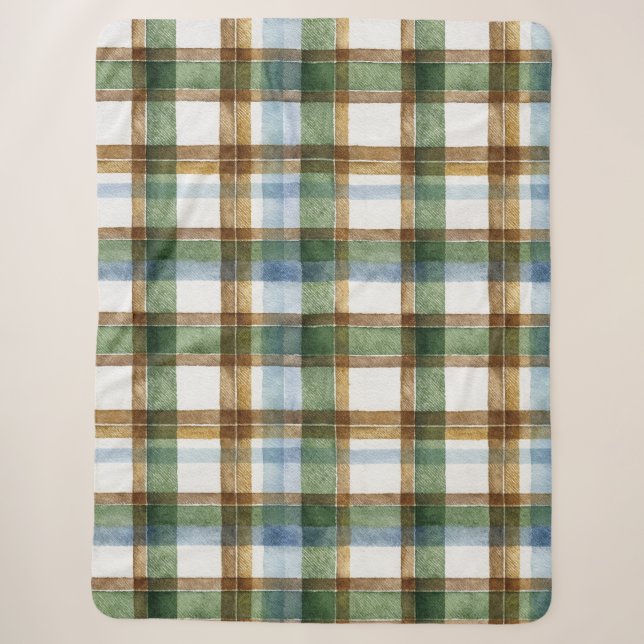 Couverture Sherpa Carreaux Vert Marron Bleu Rayures (Devant)