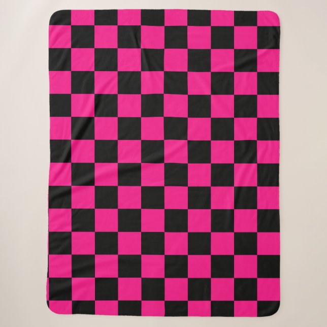 Couverture Sherpa Carrés à carreaux rose vif noir géométrique rétro (Devant)