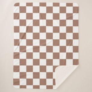 Couverture Sherpa Carrés à damier marron moka blanc géométrique rétr