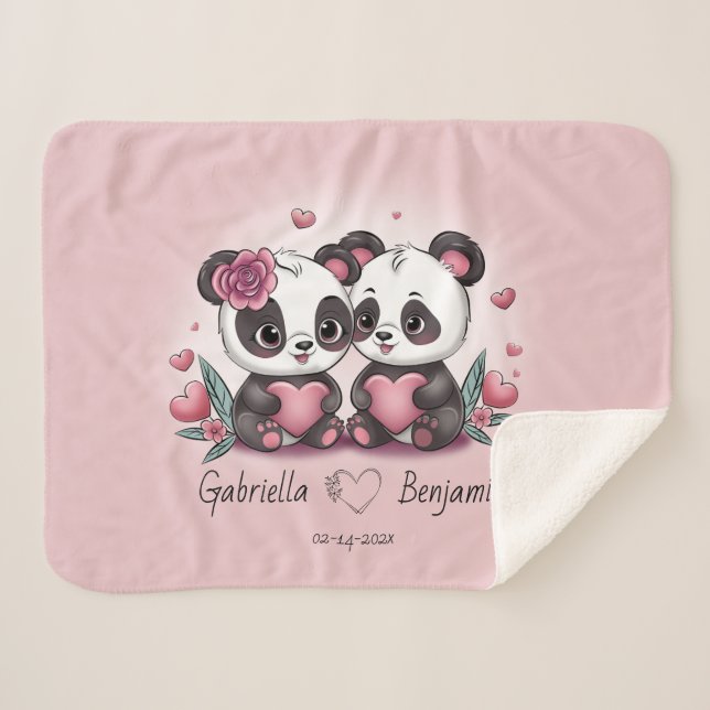 Couverture Sherpa Cartoon mignon Panda amoureux Coeur Saint-Valentin (Devant (Horizontal))