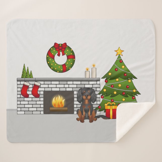 Couverture Sherpa Cavalier Black & Tan Dans Une Salle De Noël Festiv (Devant (Horizontal))