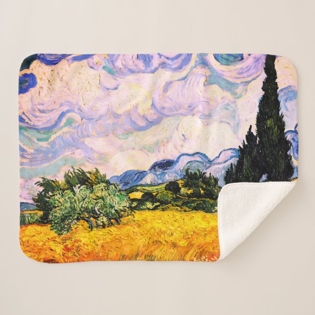 Couverture Sherpa Champ de blé avec cyprès de Vincent Van Gogh (Devant (Horizontal))