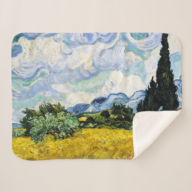 Couverture Sherpa Champ de blé Vincent Van Gogh avec Cyprès (Devant (Horizontal))