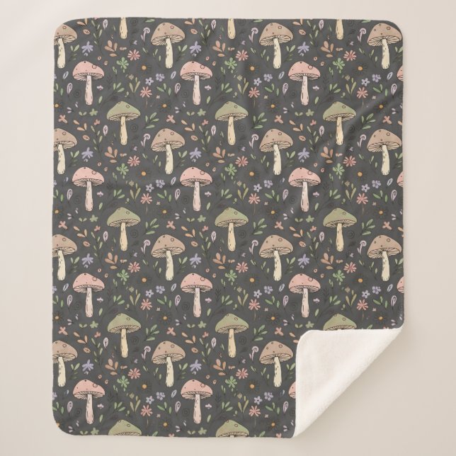 Couverture Sherpa Champignons Gris Charbon Luxe Moderne Rustique (Devant)