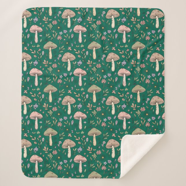 Couverture Sherpa Champignons Vibrants Émeraude Profond | Luxe Tons  (Devant)