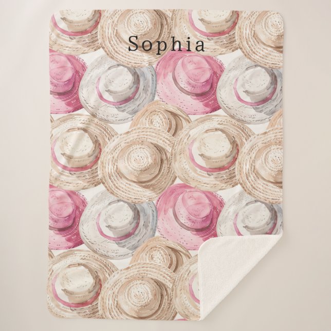 Couverture Sherpa Chapeaux de paille blancs à la crème rose (Devant)