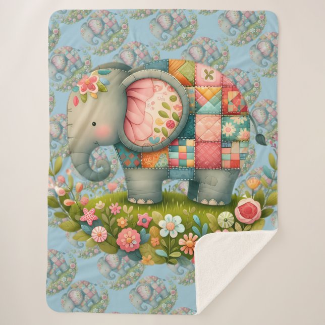 Couverture Sherpa Charme de Prairie Florale à l'Éléphant Patchwork (Devant)