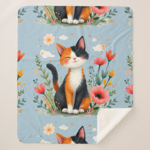Couverture Sherpa Chat calicot souriant dans un jardin fleuri