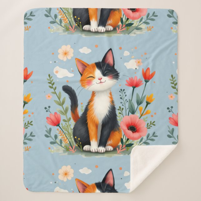 Couverture Sherpa Chat calicot souriant dans un jardin fleuri (Devant)