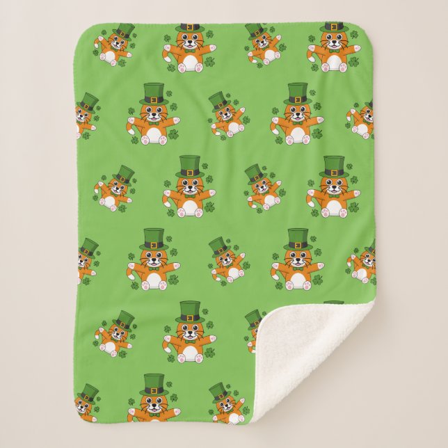 Couverture Sherpa Chat de la Saint Patrick avec dessin Shamrock (Devant)