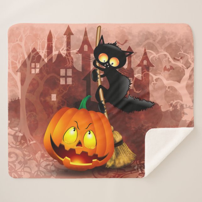 Couverture Sherpa Chat effrayé par Citrouille Fun Halloween caractèr (Devant (Horizontal))