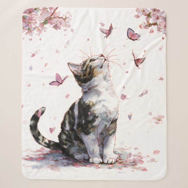 Couverture Sherpa Chat Fleur de Cerisier et Papillons (10) (Devant)