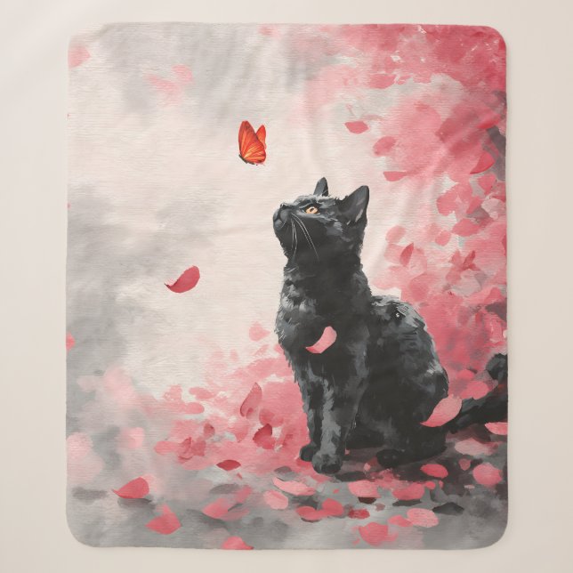 Couverture Sherpa Chat Fleur de Cerisier et Papillons (3) (Devant)