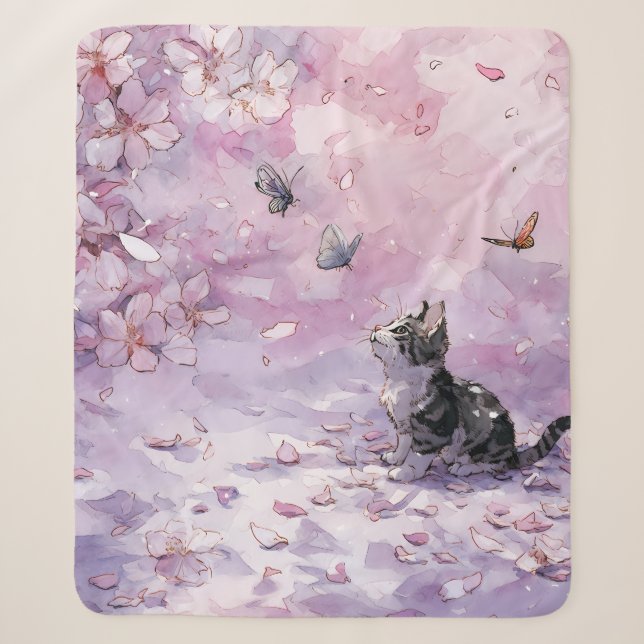 Couverture Sherpa Chat Fleur de Cerisier et Papillons (5) (Devant)