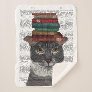 Couverture Sherpa Chat gris avec des livres sur la tête