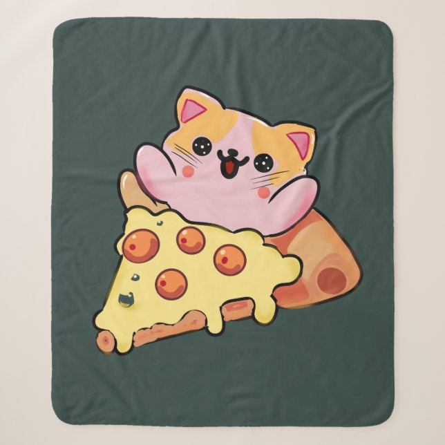 Couverture Sherpa Chat Mignon Kawaii Enlaçant une Pizza au Pepperoni (Devant)