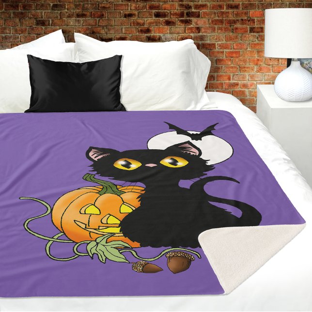 Couverture Sherpa Chat noir mignon violet Halloween Citrouille (Créateur téléchargé)