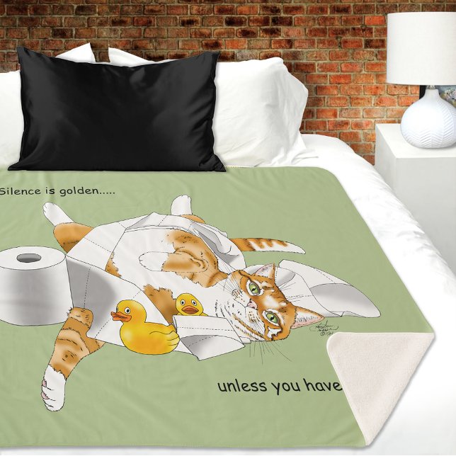 Couverture Sherpa Chat orange roux drôle Papier toilette vert  (Créateur téléchargé)