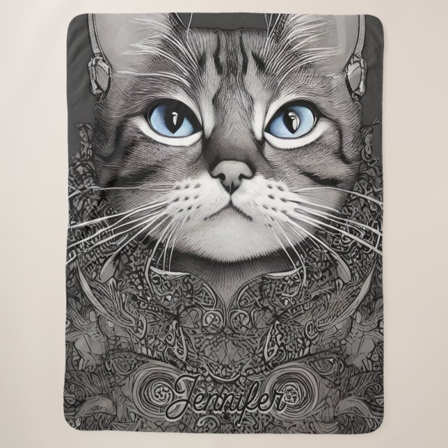 Couverture Sherpa Chat Orné Noir et Blanc Nom personnalisé (Devant)