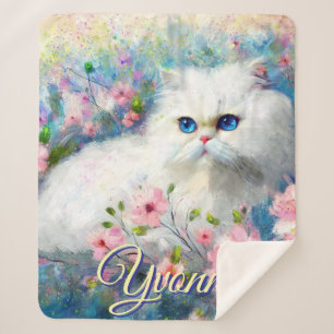 Couverture Sherpa Chat Persan Yeux Bleus dans Fleurs Roses Personnal