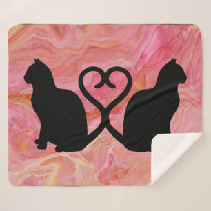 Couverture Sherpa Chat romantique Silhouette Coeur sur le marbrage r