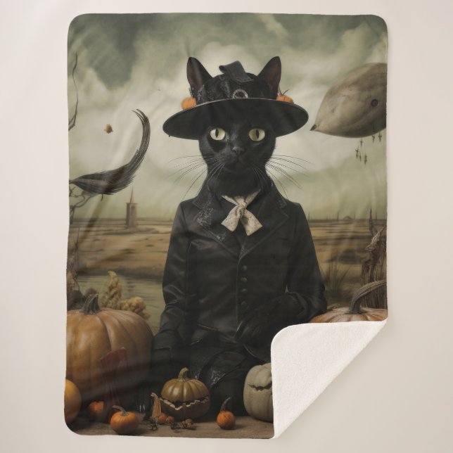 Couverture Sherpa Chat Sorcière avec Citrouilles  (Devant)