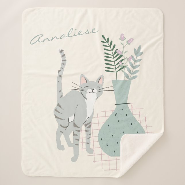Couverture Sherpa Chat Whimsical et Plante Sage Green Personnalisé (Devant)