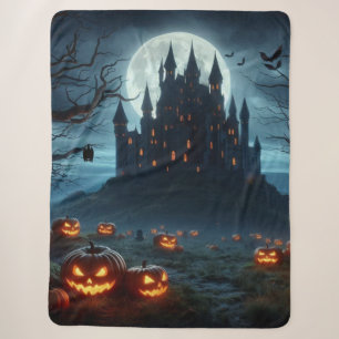 Couverture Sherpa Château sombre, médiéval, chauves-souris & citroui