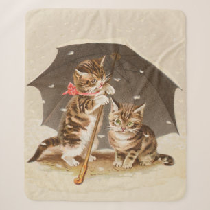 Couverture Sherpa Chatons vintage sous parapluie art de chat antique