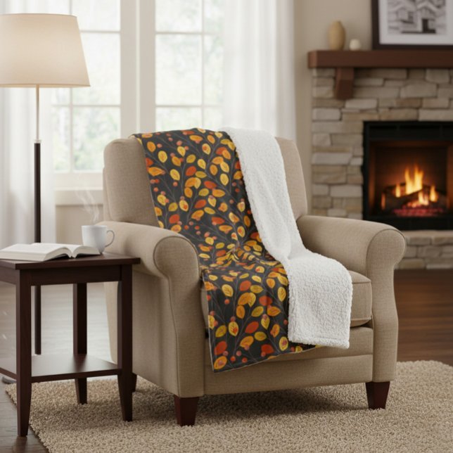 Couverture Sherpa Chauve-automne Sherpa Blanche avec Feuilles d'auto (Créateur téléchargé)