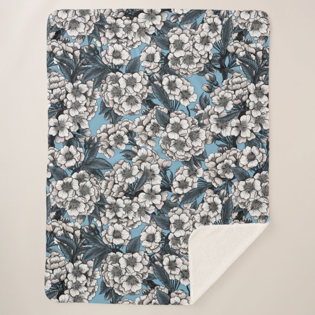 Couverture Sherpa Cherry blossom in white and blue (Devant)