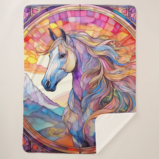 Couverture Sherpa Cheval blanc en vitrail (Devant)