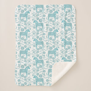 Couverture Sherpa Cheval de Dala suédois Turquoise et blanc Sherpa