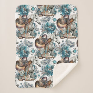 Couverture Sherpa Cheval fille cowgirl motif floral turquoise