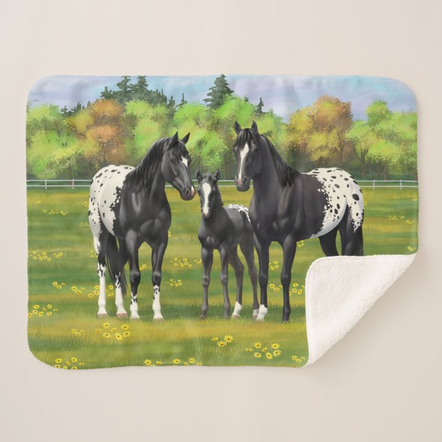 Couverture Sherpa Chevaux Appaloosa Noir Dans Les Pâturages D'Été (Devant (Horizontal))