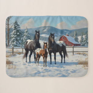 Couverture Sherpa Chevaux Appaloosa noirs sur une ferme en hiver