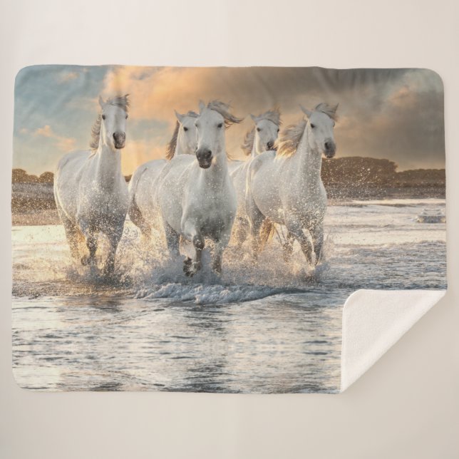 Couverture Sherpa Chevaux blancs sauvages Sherpa Blanket (Devant (Horizontal))
