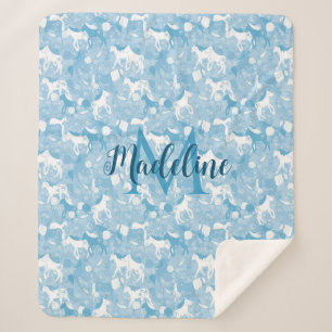 Couverture Sherpa Chevaux dans le champ_Soft Blue Monogramed Blanket