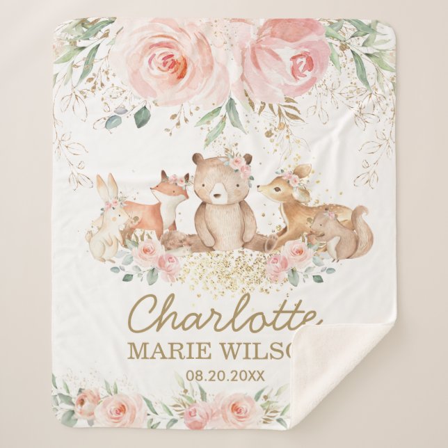 Couverture Sherpa Chic Bois Animaux Blush Floral Nouveau bébé fille (Devant)