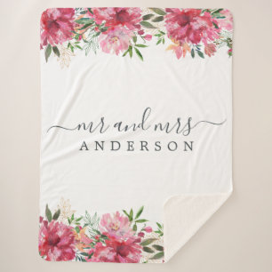 Couverture Sherpa Chic Newlysée M. Mme Pink Floral Monogramme
