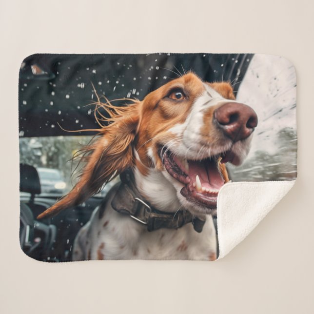 Couverture Sherpa Chien excité sur Rainy Car Ride Art (Devant (Horizontal))