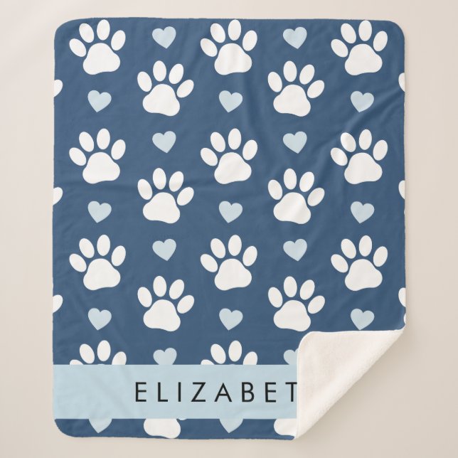 Couverture Sherpa Chien Paws, White Paws, Blue Hearts, Votre Nom (Devant)