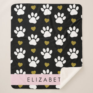 Couverture Sherpa Chien Paws, White Paws, Gold Hearts, Votre Nom