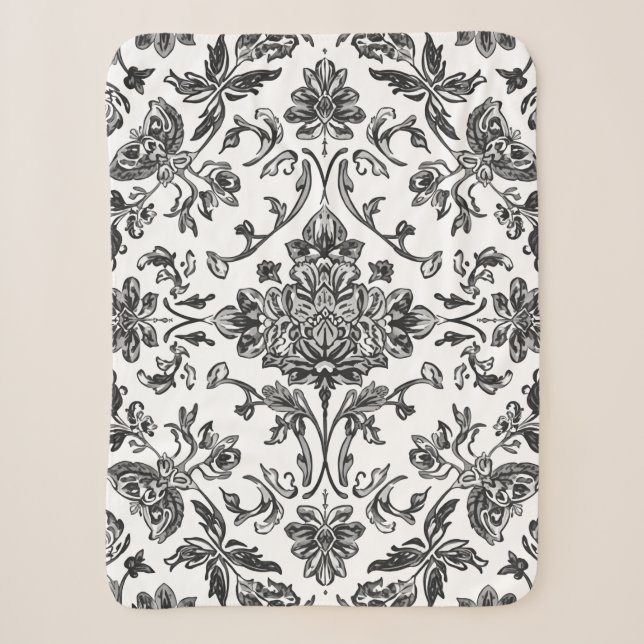 Couverture Sherpa Chinoiserie Florale Aquarelle Noir & Blanc (Devant)