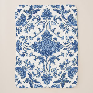 Couverture Sherpa Chinoiserie Florale Bleue sur Fond Blanc Aquarelle