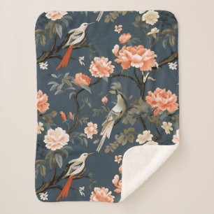 Couverture Sherpa Chinoiserie florale sur Denim Blue