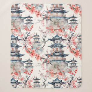 Couverture Sherpa Chinoiserie Pagode Bleue Fleur Rose Florale