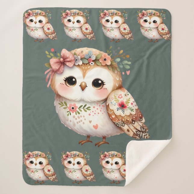Couverture Sherpa Chouette florale mignonne avec noeud (Devant)