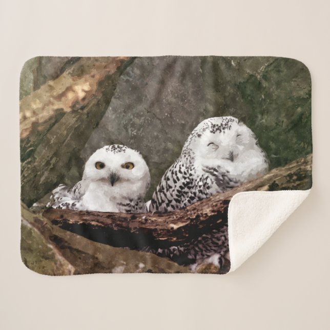 Couverture Sherpa Chouette Harfang Couple Art Bois Faune (Devant (Horizontal))